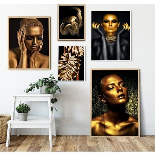 Gold Skin Nude Black Woman Oil Painting on Canvas Cuadros Poster and Print African Feather Leaf Wall Art Picture for Living Room
