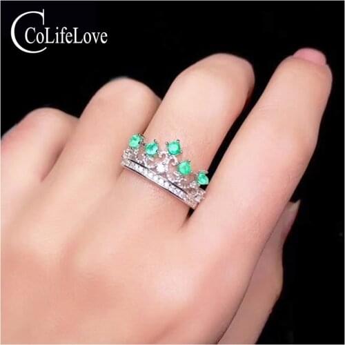 CoLife Jewelry 925 Silver Crown Ring for Young Girl 5 Pieces 3mm Natural Emerald Ring Sterling Silver Emerald Crown Ring