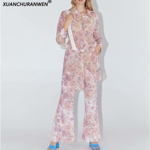 Summer Outfit Women Two Piece Long Pants Outfits Floral Long Shirts Chiffon Blouse Flare Pants Sets XZ2083