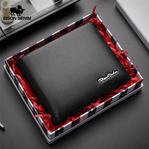BISON DENIM Genuine Leather RFID Wallet Male Multifunctional Card Holder Wallet with Coin Purse Soft Standard Money Bag W4495