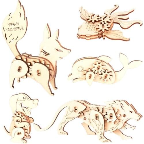 Laser Cutting DIY Animal Cat Dog Deer Toys 3D Wooden Puzzle Gear Toy Assembly Movable Craft Kits Decoration for Children Kid