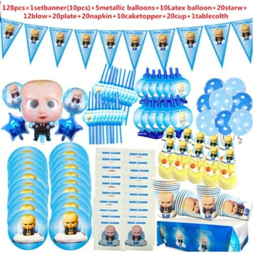 97pcs 10 person happy birthday kids baby boss baby boy shower party decoration set paper banner straws cup plates Fork supplier