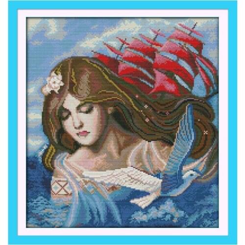 Sea daughter beautiful girl 11CT 14CT cross stitch kit clear printed red sail seagull diy pure cotton embroidered cloth