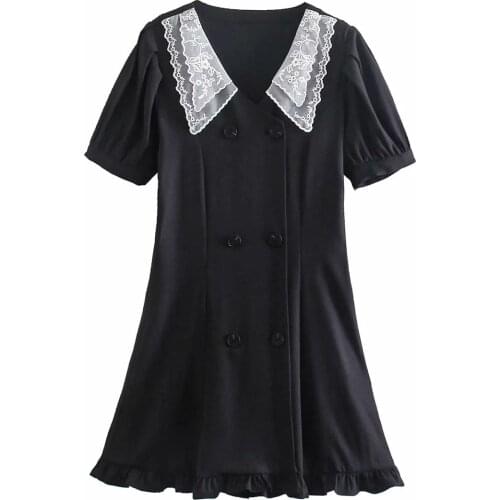 New Pop Women Dress Lace Collared Double breasted Short Sleeves Mini dress Chic Lady elegant Vintage Casual Woman Dresses