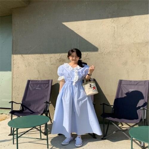 Solid Blue Summer Women for Dresses V Neck Korean Style Puff Sleeve Elegant Long Vestidos 2021