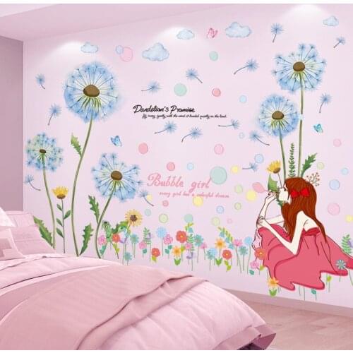 [shijuekongjian] Cartoon Girl Bubbles Wall Stickers DIY Dandelion Flowers Wall Decals for Kids Bedroom Living Room Decoration