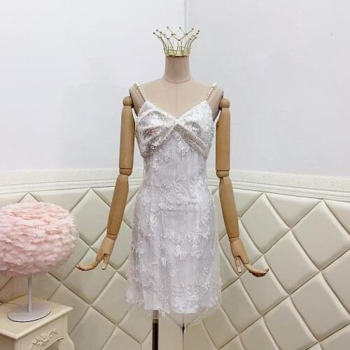 High Quality White Three-Dimensional Bow Tassel Crystal Sequin Embroidered Pearl Sling Dress Luxury Design Women Party Clothes