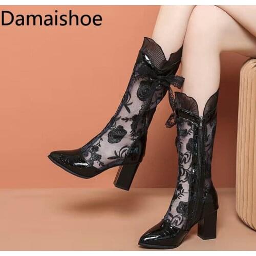 Womens Ethnic Style Embroidered SandalS Mesh Sandal Boot Breathable Embroidered Boots 2021 New Chunky Heel High Heel Hollow Out