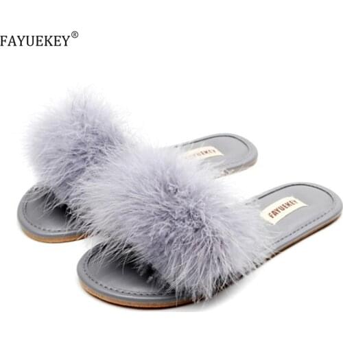 FAYUEKEY 2020 New Spring Summer Home Cotton Plush Fur Slippers PU sole Furry Slide Women Indoor Floor flip flop Flat Shoes