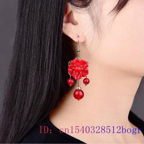 Red Jade Flower Earrings Fashion 925 Silver Gifts Amulet Gemstone Jewelry Zircon Crystal Charm Women Natural Chalcedony