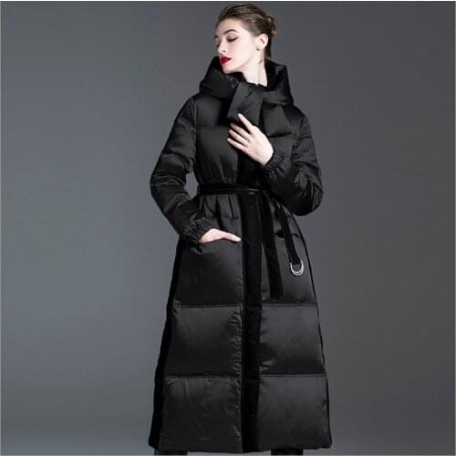Women Winter Long Down Jackets Red Black Color Fashion Warm Waist Coats Hooded Outerwear Fashion Elegant Lady Parka Overcoats
