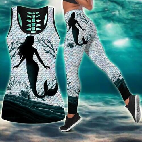 Womens Over Printed Yoga Suit Mermaid Septmber Girl 3D Printing Hollow Vest Tank Top High Waist Leggings Sports Ladies Suit