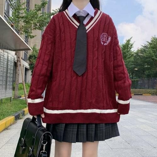 Japan style preppy kawaii women knitted sweater Korean ins Harajuku sweet JK uniform loose v-neck top vintage women sweater