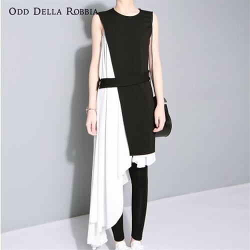 OddDellaRobbia Women Summer Half Skirt Sleeveless Dress Irregular Creativity Tailoring Belt Two In One Personality Stitching