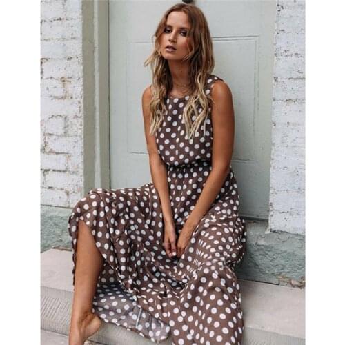 Womens Dresses Spring Summer Boho Dress Women Sexy Dot Printing Sleeveless O Neck Loose Long Dress Evening Party Dress