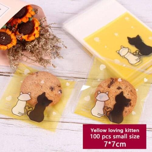 100pcs Cookies Self Adhesive Soap Biscuits Package Bag Yellow Bottom Love Black White Cat Color Wedding Birthday Party Gift Bag
