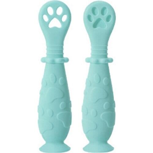 2Pcs/Set Baby Learn Spoon Set Short Easy Spoon Cartoon Silicone Teether Infant Anti-slip Feeding Training Utensils Y1QF