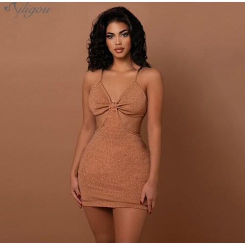 Ailigou 2021 New Fashion Trendy Mini Dress Apricot Waist Hollow Design Sexy V-neck Halter Celebrity Party Club Bandage Vestido
