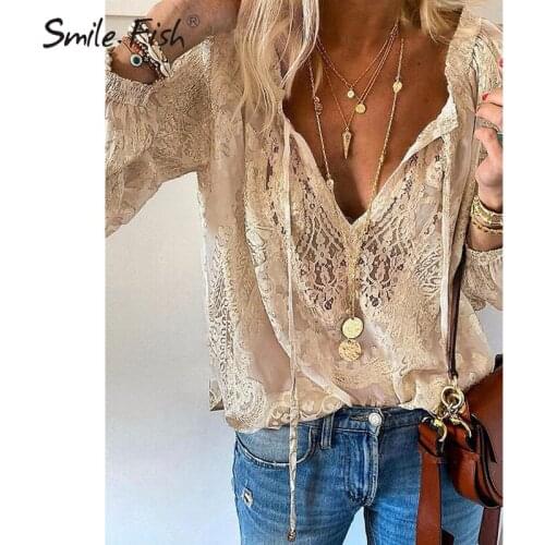 3XL Plus Size White Blouses Office Lady Shirts Elegant Women Deep V-neck Blusas 2021 Spring Lace Patchwork Hollow Out G2540