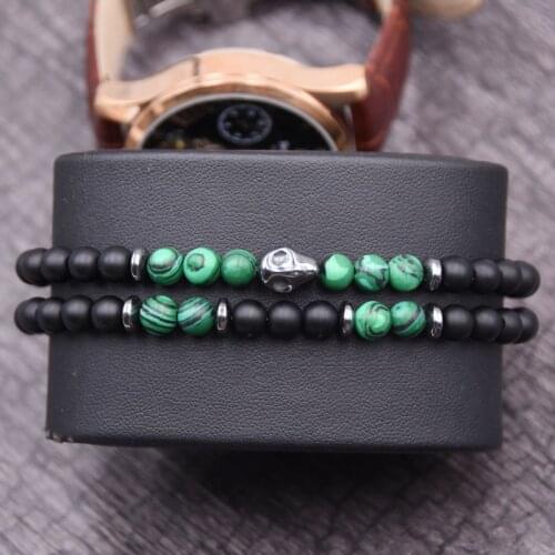 2Pcs/Set Natural Stone Beads Couple Skull Bracelet Set for Men Women 6MM Beaded Bracelet Yoga Chakra Jewelry Accessories Gifts