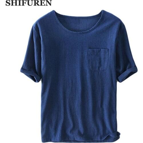 SHIFUREN Summer Men T Shirts Short Sleeve Round Collar Breathable Linen & Polyester Tops Tees Causal Male Clothing Size M-XXL
