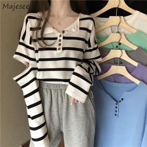 T-shirts Women Spring Button 7 Color Students Loose All-match Leisure Korean Style Design Hot Sale Basic Tops Ladies Soft Ins
