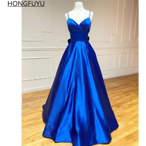 HONGFUYU Stunning Royal Blue Prom Dresses Satin Double Spaghetti Straps Evening Dress with Bow Backless robe de soirée платье
