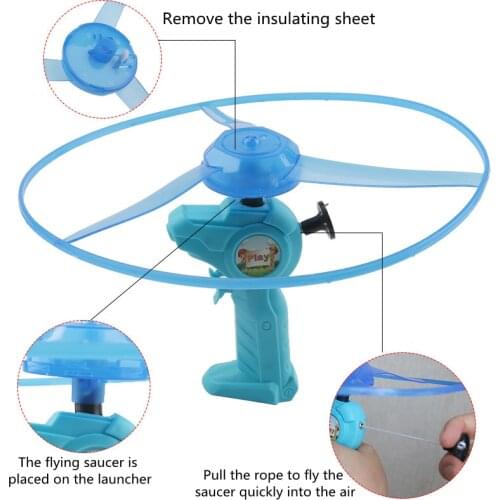 Pull string flying saucer outdoor toy dark night cool flashing propeller launcher lift off childrens day LED light toy gift