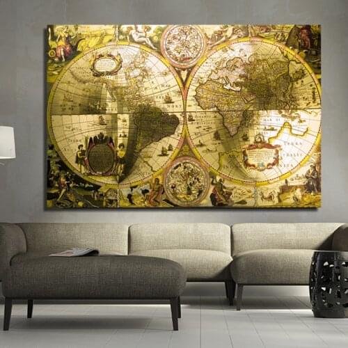 RELIABLI ART Canvas Paintings Golden World Map Wall Pictures for Living Room Study Posters and Prints Home Decoration Unframed