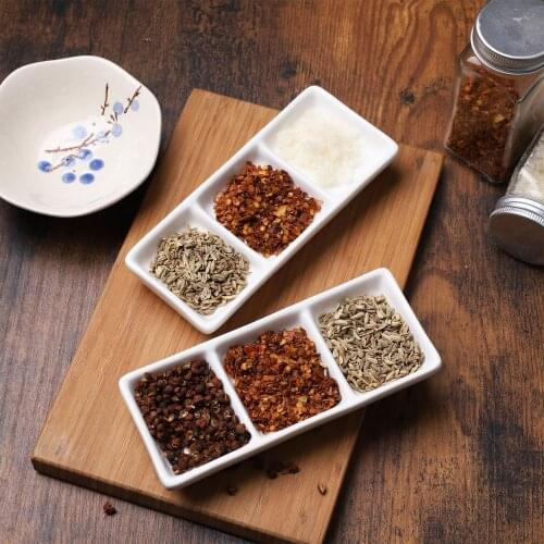 BESTONZON 2pcs 6 Inch Pure White Ceramic 3-Compartment Appetizer Serving Tray Rectangular Divided Sauce Dishes for Spice Dish So