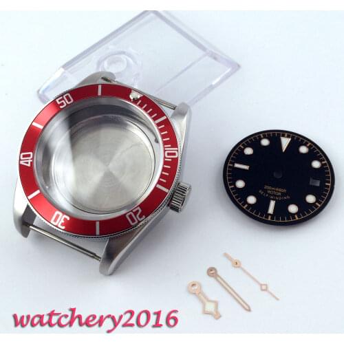 41mm Red Bezel Sapphire Cystal Watch Case Dial Hand fit fit 8205 2836 Movement