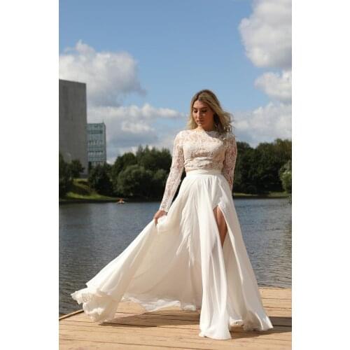 CloverBridal 2021 Lace+ Chiffon Two Piece Ivory Wedding Dress Long Sleeves High Slit Floor Length Bohemian Bridal Dresses WW8428