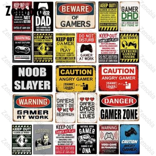 Game Room Metal Sign Vintage Metal Tin Signs Be Ware of Games Danger Gamer Zone for Home Club Game Room Man Cave Wall Decoration
