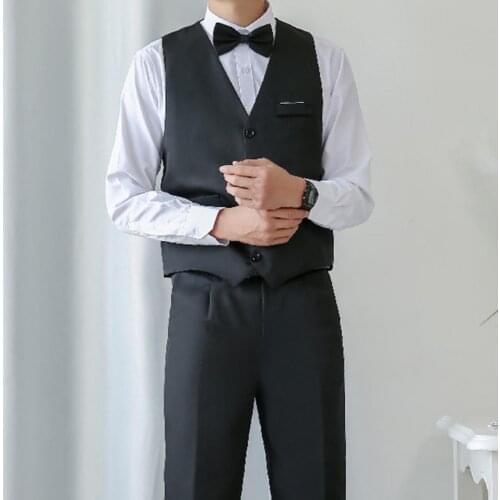 Business Suit Set V Neck Formal Men Solid Color Buttons Vest Shirt Pants for Wedding V Neck Solid Color Vest Shirt Pants