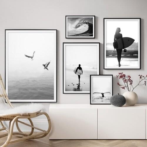 Wall Art Canvas Painting Wave Surfing Girl Seabird Nordic Posters And Prints Landscape Wall Pictures For Living Room Bed Room