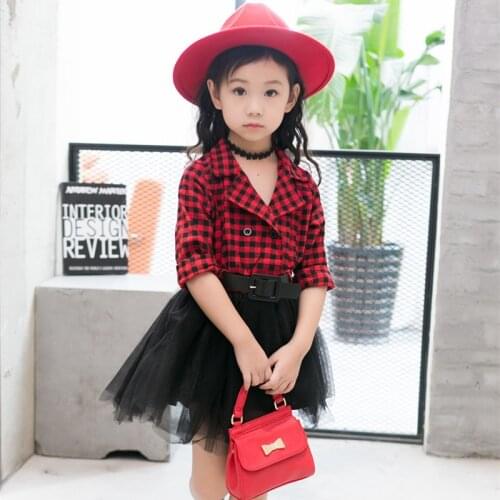 New Fashion Girls Dresses Children Plaid Cotton Top with Belt and Gauze Tulle Dress Baby Christamas Kids New Dress Vestido