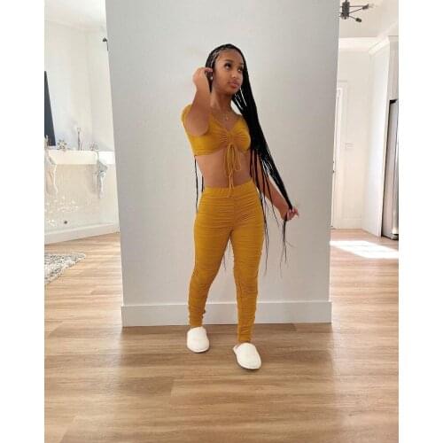 RMSFE 2021 Sexy Sports Club Party Sleeveless Strapless Crop Vest Top + Solid Color Pleated Elastic Pants 2 Piece womans Set