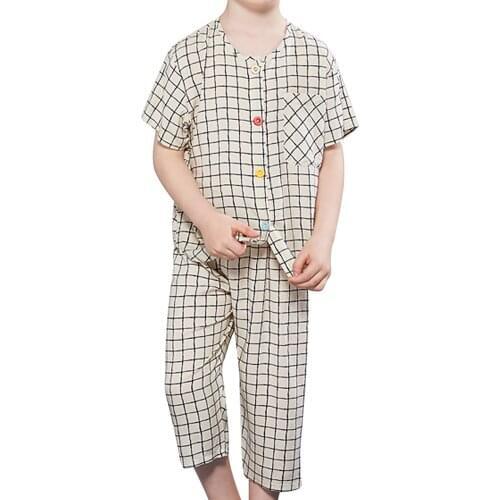 Summer Autumn Kids Pajamas Unisex Baby Sleepwear Boys Girls 2Pcs Set Cotton Plaid Nightgown Set Toddler Home Wear Nightwear