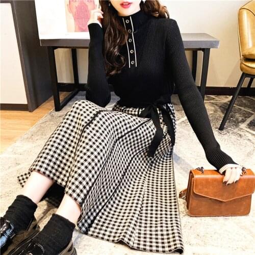 Autumn New Style Plaid Pattern Women Knitted Dress Elegant Lady Stand Collar Full Sleeve Slim Dress Women Casual Dresses SL383