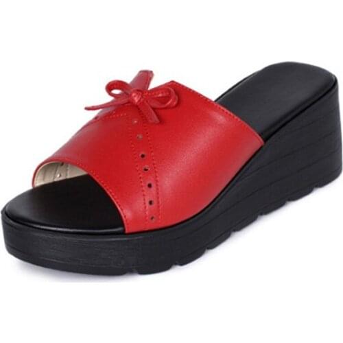 2020 Summer Elegant Bow Genuine Leather Slippers Summer Womens Sandals High Heel Wedge Increase Shoes Women Slippers Large Size