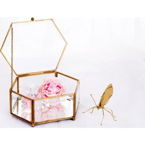 Jewelry Box Hexagonal Open Cover Glass Geometric Flower Room Mirror Jewelry Storage Box Eternal Flower Decoration Box Crafts