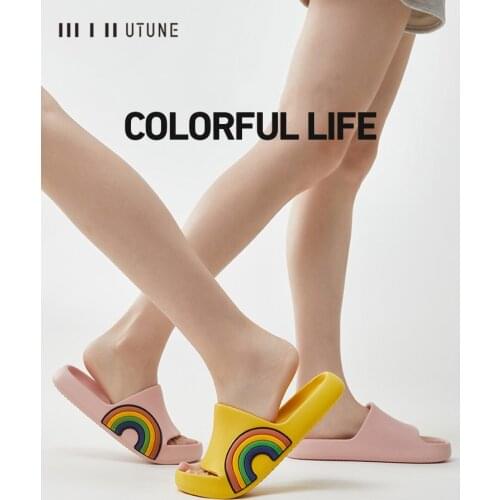 Fashion Slippers Women Rainbow Slides Summer Bathroom Leak Men Indoor Shoes Soft EVA Non-slip Sandals Man Platform Home Slipper