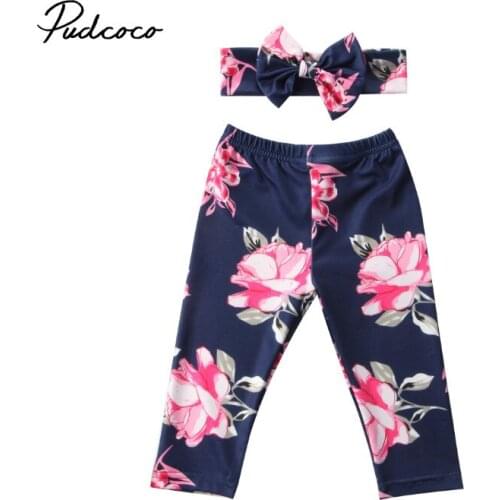 2018 Girls Summer Floral Baby Girls Pant with Headband Newborn Kid Girls Floral Bottoms Long Pants Trousers Dark Blue Light Blue