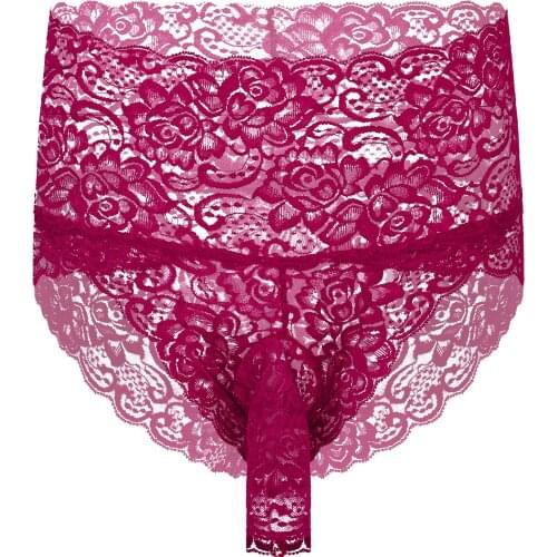 L-2XL Men Sissy Panties Underwear Gay Pink Transparent Lace Floral Briefs Open Penis Pouch High Waist Thong Underpants Nightwear