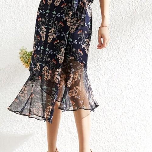 Floral New Printed small skirt women s high waist skirt mid length chiffon skirt with ruffles