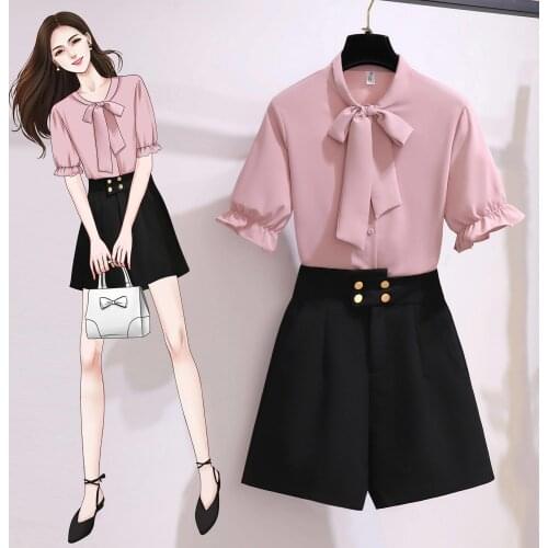 Office ladies elegant 2 pieces shorts sets summer Sweet Korean bow collar chiffon tops and shorts 2 pieces sets women clothing