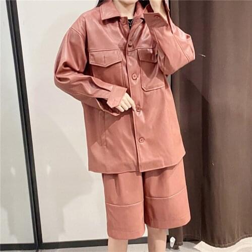 PU Women Two Pieces Set Knee Length Short Pant Jacket Cool Faux Leather Lady Sets Single Breasted Outwear Autumn Female Suit