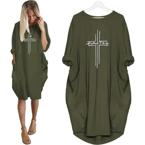 Ladies Casual Sweatshirt Womens Round Neck Long Sleeve Pullover Pocket Dress Letter Print Spring and Autumn Loose Knee Length