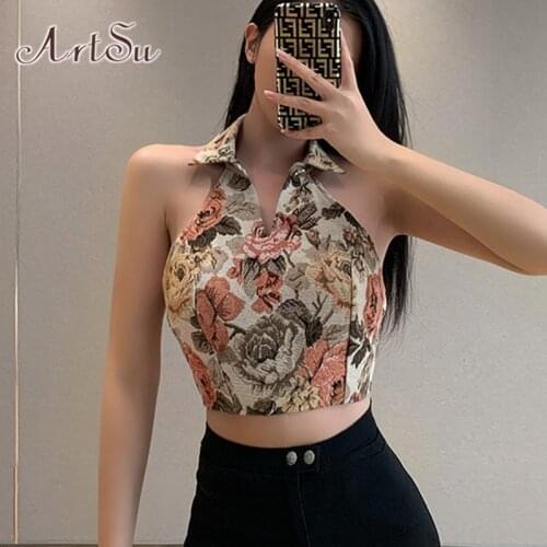 ArtSu Halter Neck Crop Top Sleeveless Bandage Skinny Ladies Tank Top Women Sexy Lace Up Y2K Summer Backless Tops Female VE52675