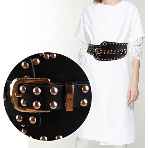 Women Punk Ultra Wide Belt Elastic Slim Corset Body Shaper Black Faux Leather Retro Rivet Waist Belt Cummerbund Shirt Dress Belt